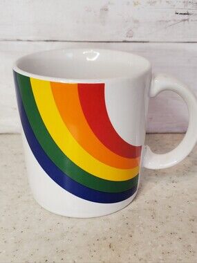 Vintage 1984 Rainbow Stripe Coffee Mug F.T.D.A. Korea Ceramic Cup White Retro 80